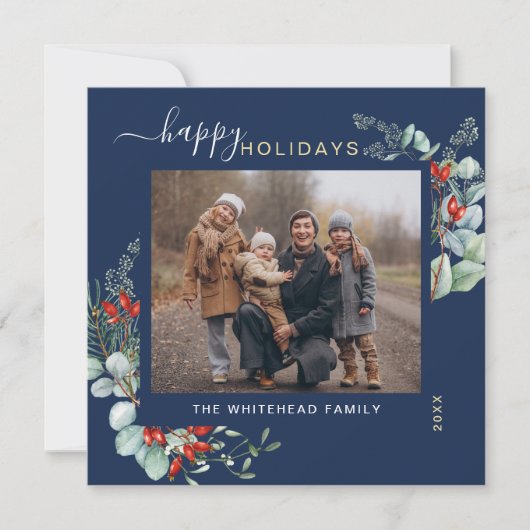 Cartes Pour Fêtes Annuelles Aquarelle Botanique Vert Elégant bleu marine (Devant)