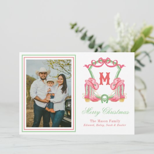 Cartes Pour Fêtes Annuelles Aquarelle Botte de Noël Monogramme Crest Photo (Debout devant)