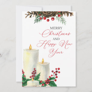 Cartes Pour Fêtes Annuelles Aquarelle Bougies de Noël Berries Pine Cônes