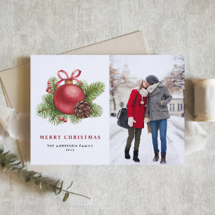 Cartes Pour Fêtes Annuelles Aquarelle Boule rouge ornement photo Noël