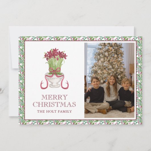 Cartes Pour Fêtes Annuelles Aquarelle Bourgogne Amaryllis Photo de Noël (Devant)