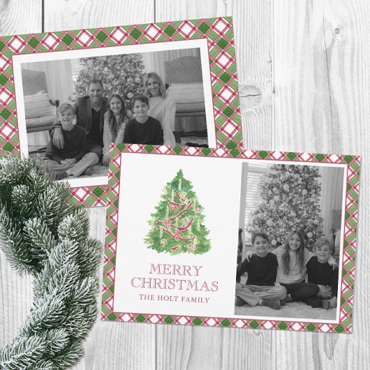Cartes Pour Fêtes Annuelles Aquarelle Bourgogne Plaid Christmas Tree Photo