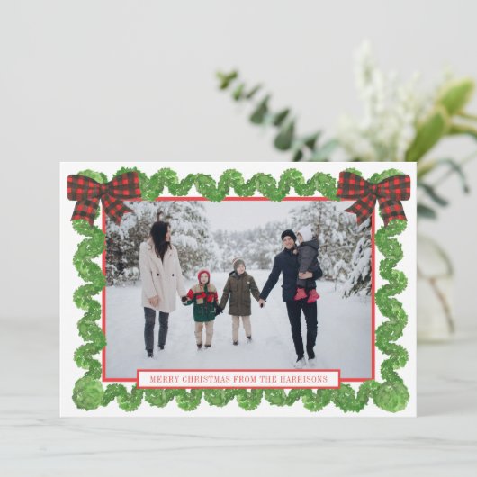 Cartes Pour Fêtes Annuelles Aquarelle Buffalo Plaid Red Bow Garland Photo (Debout devant)