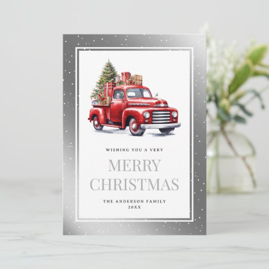 Cartes Pour Fêtes Annuelles Aquarelle Camion rouge Silver Snowy Noël (Debout devant)