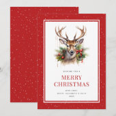 Cartes Pour Fêtes Annuelles Aquarelle Cerf Neige Rouge Joyeux Noël (Devant / Derrière)