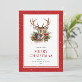Cartes Pour Fêtes Annuelles Aquarelle Cerf Neige Rouge Joyeux Noël (Debout devant)