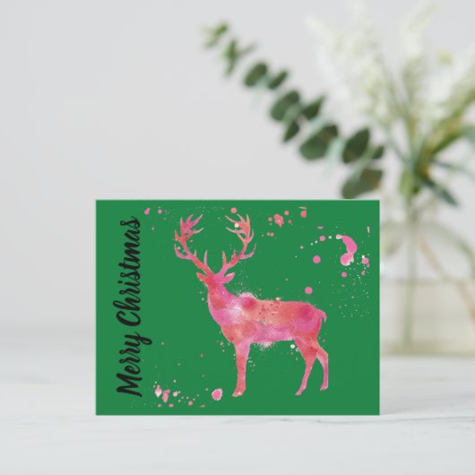 Cartes Pour Fêtes Annuelles Aquarelle Cerf, rose orange vert Joyeux Noël (Debout devant)
