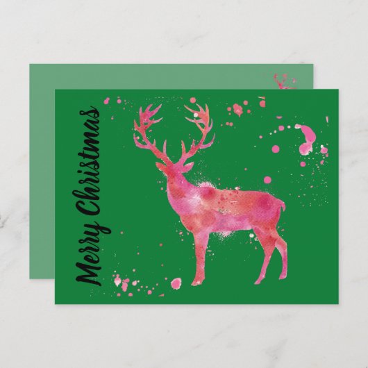 Cartes Pour Fêtes Annuelles Aquarelle Cerf, rose orange vert Joyeux Noël (Devant / Derrière)