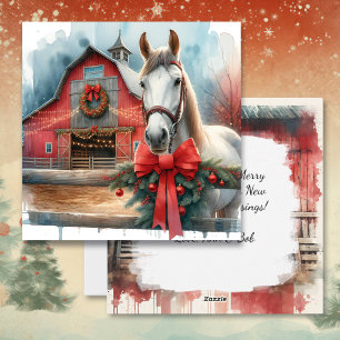 Cartes Pour Fêtes Annuelles Aquarelle Cheval blanc et ferme festive Noël
