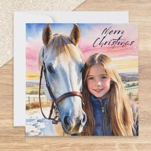 Cartes Pour Fêtes Annuelles Aquarelle Cheval et Fille Photo de neige Noël