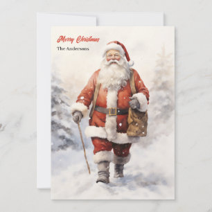 Cartes Pour Fêtes Annuelles Aquarelle classique Santa Claus dans la forêt neig