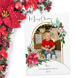 Cartes Pour Fêtes Annuelles Aquarelle colorée Poinsettias, Pin & Arc Photo<br><div class="desc">Sprays colorés,  élégants et festifs de poinsettias rouges à l'aquarelle et baies sèches,  verdure de pin et d'eucalyptus avec champs de texte modifiables et découpe photo en arc avec bordure dorée.</div>