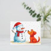 Cartes Pour Fêtes Annuelles Aquarelle Comique Chien avec Snowman en hiver (Debout devant)