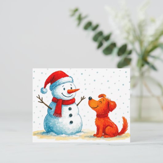 Cartes Pour Fêtes Annuelles Aquarelle Comique Chien avec Snowman en hiver (Debout devant)