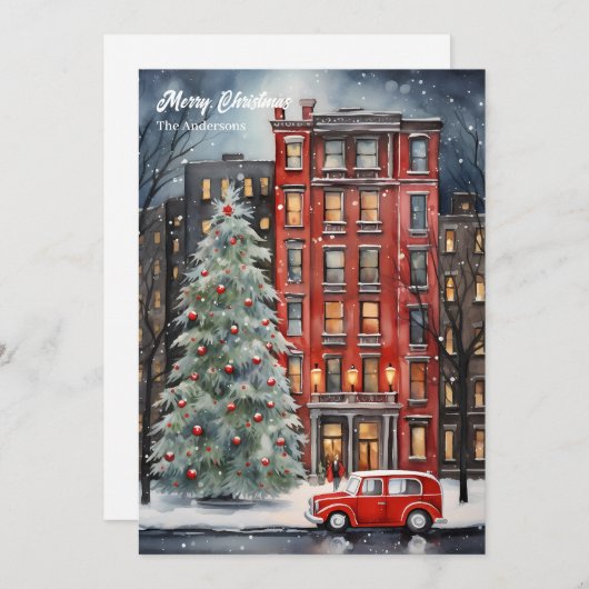 Cartes Pour Fêtes Annuelles Aquarelle cosy festif Noël arbre de ville (Devant / Derrière)