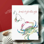 Cartes Pour Fêtes Annuelles Aquarelle côtière Crabe Plage Noël<br><div class="desc">Cette carte de Noël Coastal présente mon crabe d'aquarelle peint à la main avec des lumières de vacances dans les tons rouge, vert, bleu et turquoise sur un arrière - plan blanc immaculé. Les mots Seas et Greutages sont placés dans une typographie de script de brosse moderne. L'intérieur est habillé...</div>