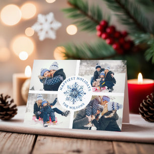 Cartes Pour Fêtes Annuelles Aquarelle Crystal Blue Snowflake 4 Photo Collage