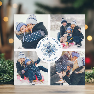 Cartes Pour Fêtes Annuelles Aquarelle Crystal Blue Snowflake 4 Photo Collage