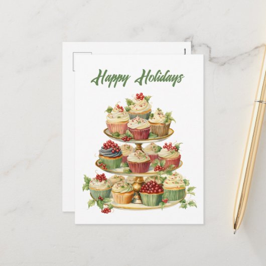 Cartes Pour Fêtes Annuelles Aquarelle cupcake de Noël ajouter du texte (Devant/Arrière en situation)