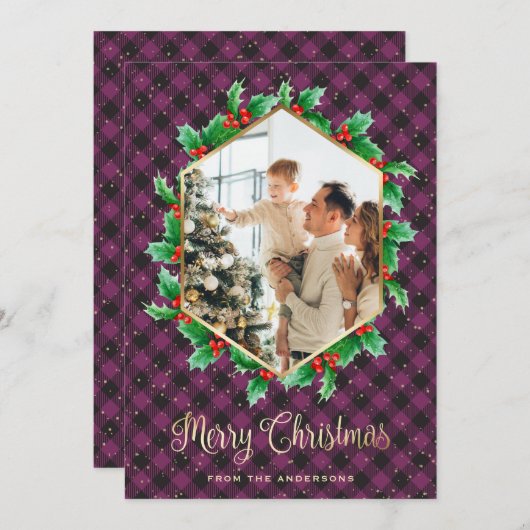 Cartes Pour Fêtes Annuelles Aquarelle de neige dorée violette photo Noël (Devant / Derrière)