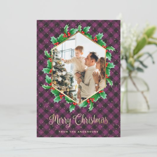 Cartes Pour Fêtes Annuelles Aquarelle de neige dorée violette photo Noël (Debout devant)