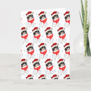 Cartes Pour Fêtes Annuelles Aquarelle de Noël Chat Tricolée avec Écharpe