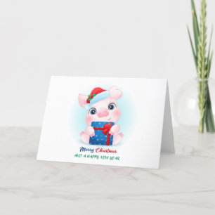Cartes Pour Fêtes Annuelles Aquarelle de Noël mignonne Cochon bébé avec chapea