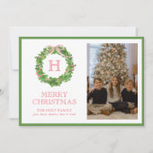 Cartes Pour Fêtes Annuelles Aquarelle de Noël Monogramme Bow Wreath Photo (Devant)