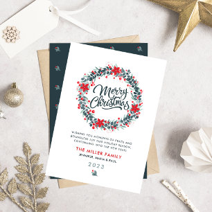 Cartes Pour Fêtes Annuelles Aquarelle de Noël Verdure Berry Wreath Script