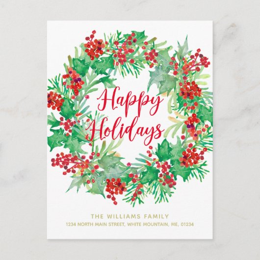 Cartes Pour Fêtes Annuelles Aquarelle de Noël Wreath Script moderne Moving (Devant)