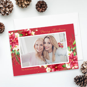 Cartes Pour Fêtes Annuelles Aquarelle de Poinsettia Floral Photo rouge