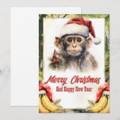 Cartes Pour Fêtes Annuelles Aquarelle de singe de Noël (Devant / Derrière)