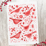 Cartes Pour Fêtes Annuelles Aquarelle d'oiseaux rouge<br><div class="desc">Festive oiseaux d'aquarelle rouge et fleurs sur un arrière - plan blanc. Au verso,  vous pouvez modifier le salut et les noms pour personnaliser. Art original de Nic Squirrell.</div>