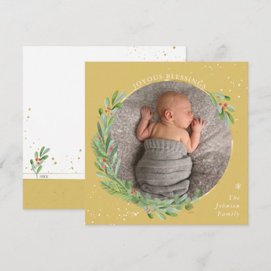 Cartes Pour Fêtes Annuelles Aquarelle d'or Noël Joyeuses Bénédictions (Devant / Derrière)