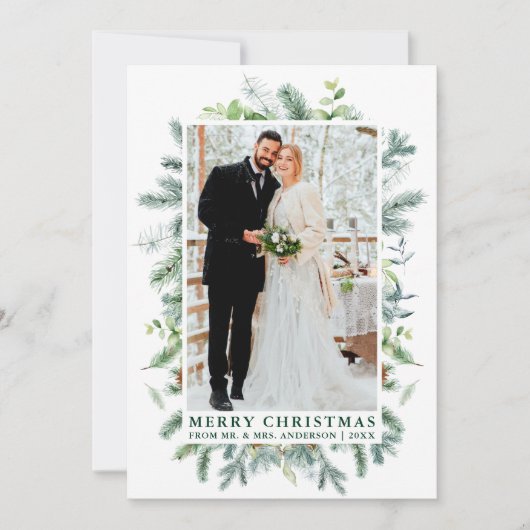 Cartes Pour Fêtes Annuelles Aquarelle Elegant Pine Frame Mariage Photo Vert (Devant)