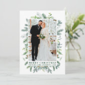 Cartes Pour Fêtes Annuelles Aquarelle Elegant Pine Frame Mariage Photo Vert (Debout devant)
