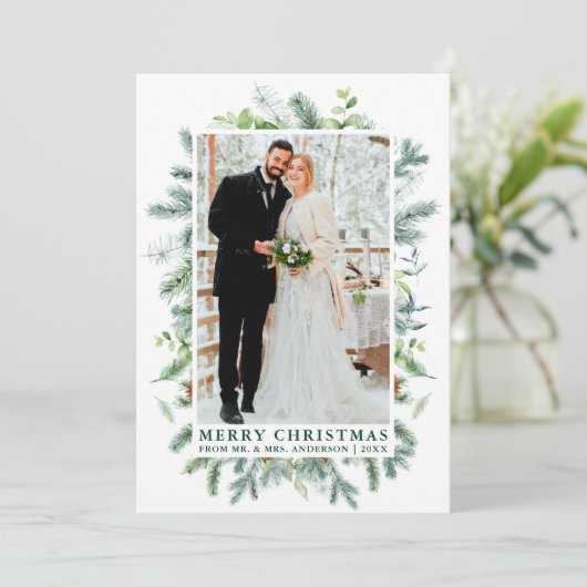 Cartes Pour Fêtes Annuelles Aquarelle Elegant Pine Frame Mariage Photo Vert (Debout devant)