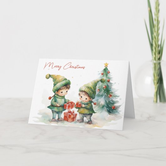 Cartes Pour Fêtes Annuelles Aquarelle Elfes de Noël (Devant)