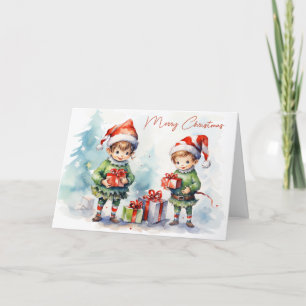 Cartes Pour Fêtes Annuelles Aquarelle Elfes de Noël avec cadeaux