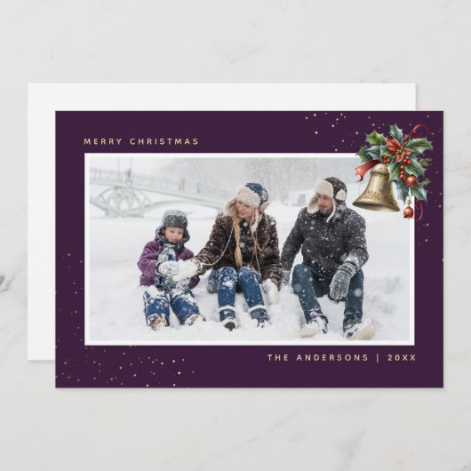 Cartes Pour Fêtes Annuelles Aquarelle en or violet Holly Bell Photo (Devant / Derrière)