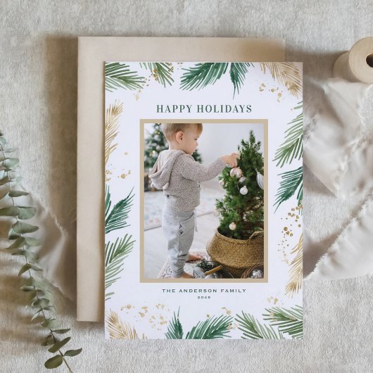 Cartes Pour Fêtes Annuelles Aquarelle et Aiguilles de pin Faux Foil