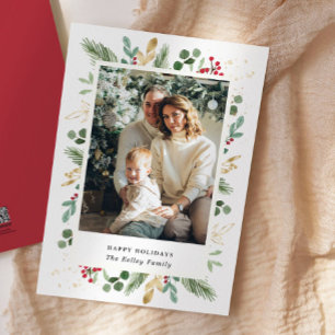 Cartes Pour Fêtes Annuelles Aquarelle Evergreens, Or Vert, photo unique