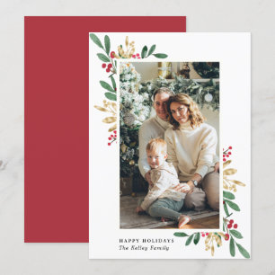 Cartes Pour Fêtes Annuelles Aquarelle Evergreens, Vert et Or, grande photo