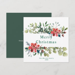 Cartes Pour Fêtes Annuelles Aquarelle Feuilles verts d'hiver avec fleurs rouge