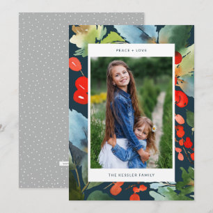 Cartes Pour Fêtes Annuelles Aquarelle Fleurs de Noël Photo Bleu Élégant