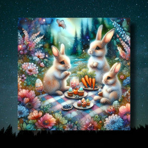 Cartes Pour Fêtes Annuelles Aquarelle Florale Lapin Bois Pique-nique de Pâques