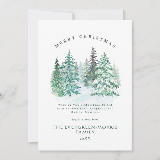 Cartes Pour Fêtes Annuelles Aquarelle forêt à feuillage persistant Joyeux Noël (Devant)