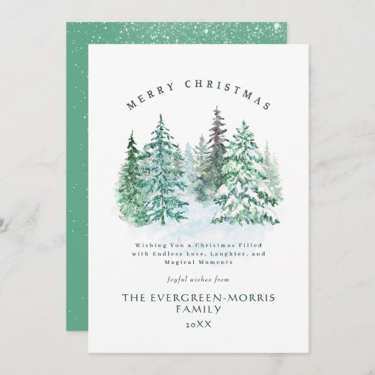 Cartes Pour Fêtes Annuelles Aquarelle forêt à feuillage persistant Joyeux Noël (Devant / Derrière)