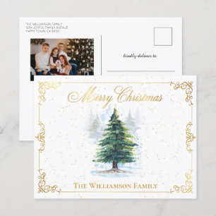 Cartes Pour Fêtes Annuelles Aquarelle Forêt Arbres Or cadre élégant photo