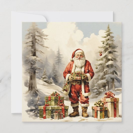 Cartes Pour Fêtes Annuelles Aquarelle Forêt de Noël Père Noël avec des présent (Devant)